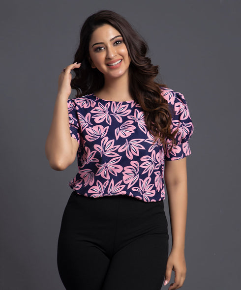 Printed Puff  Pink And Blue Top